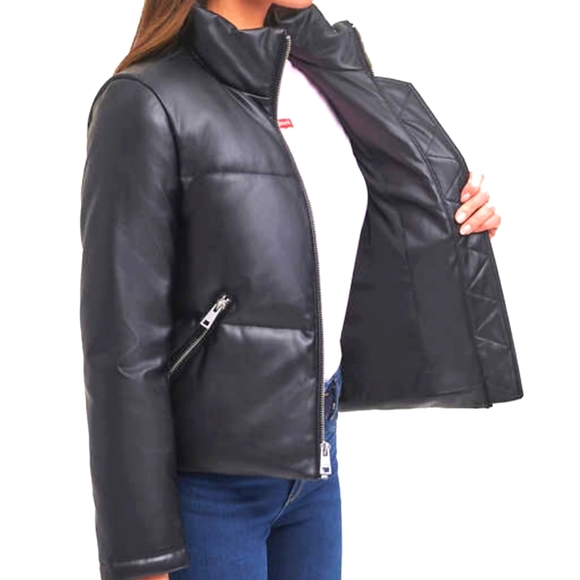 Levi’s Quilted Faux Leather Puffer Coat/Jacket Women - Picture 1 of 5